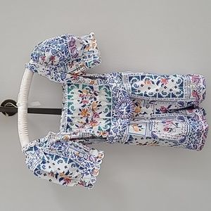 FARM Rio White Multi-Color Floral Patchwork Puff-Sleeve Romper